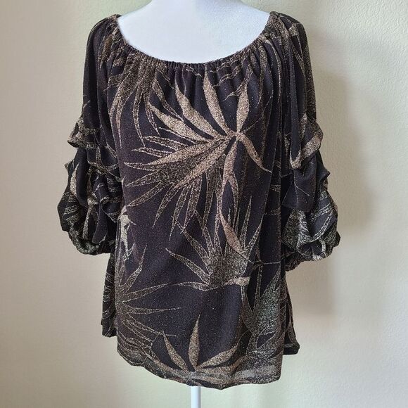 MSK Lined Blouse‎ Medium Glitter Print Floral Off The Shoulder Puffed Sleeves - Picture 7 of 12